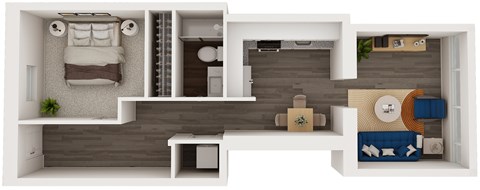 A 3D floor plan of a small apartment with a bedroom, living room, and kitchen.